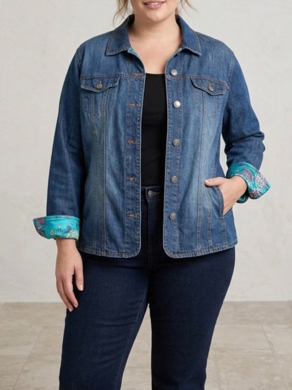 Chico's Denim Medium Wash Jacket Blue Floral Satin Detail Size 3(XL) Cotton Boho